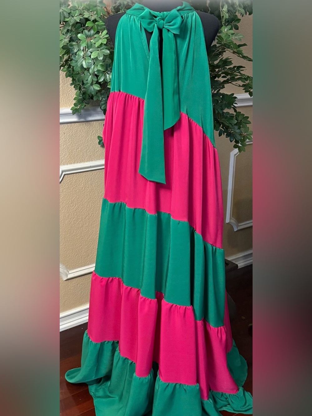 Tiered Halter Maxi Dress in Green and Hot Pink